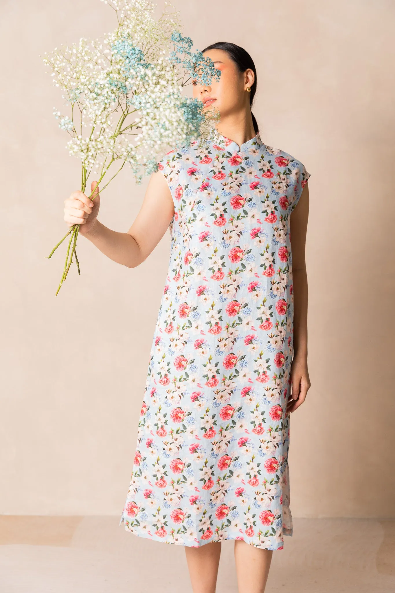 Retro Blue Peony Print Cap Sleeve Cheongsam Dress