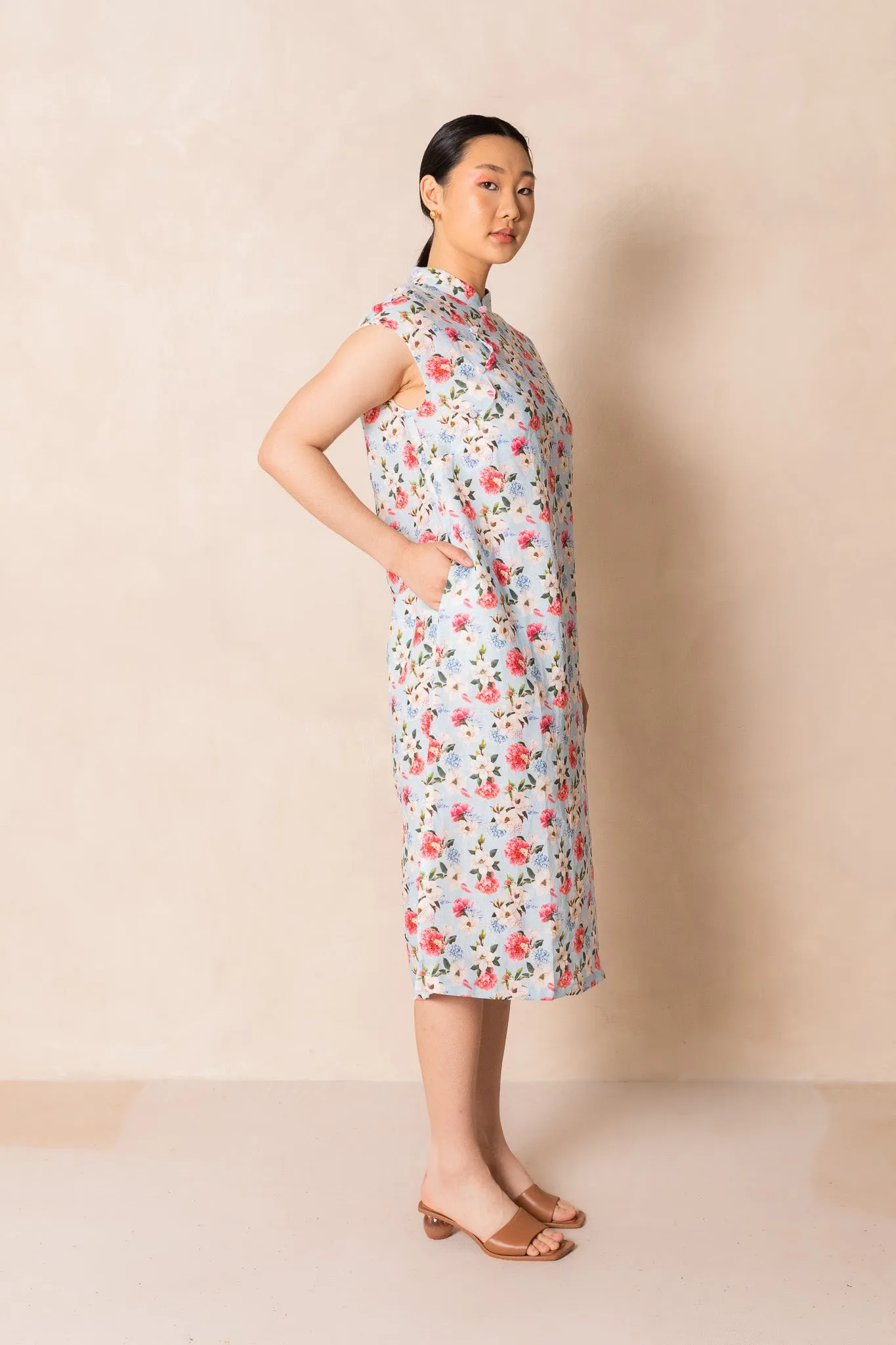 Retro Blue Peony Print Cap Sleeve Cheongsam Dress