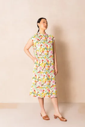 Retro Pink Peony Print Cap Sleeve Cheongsam Dress