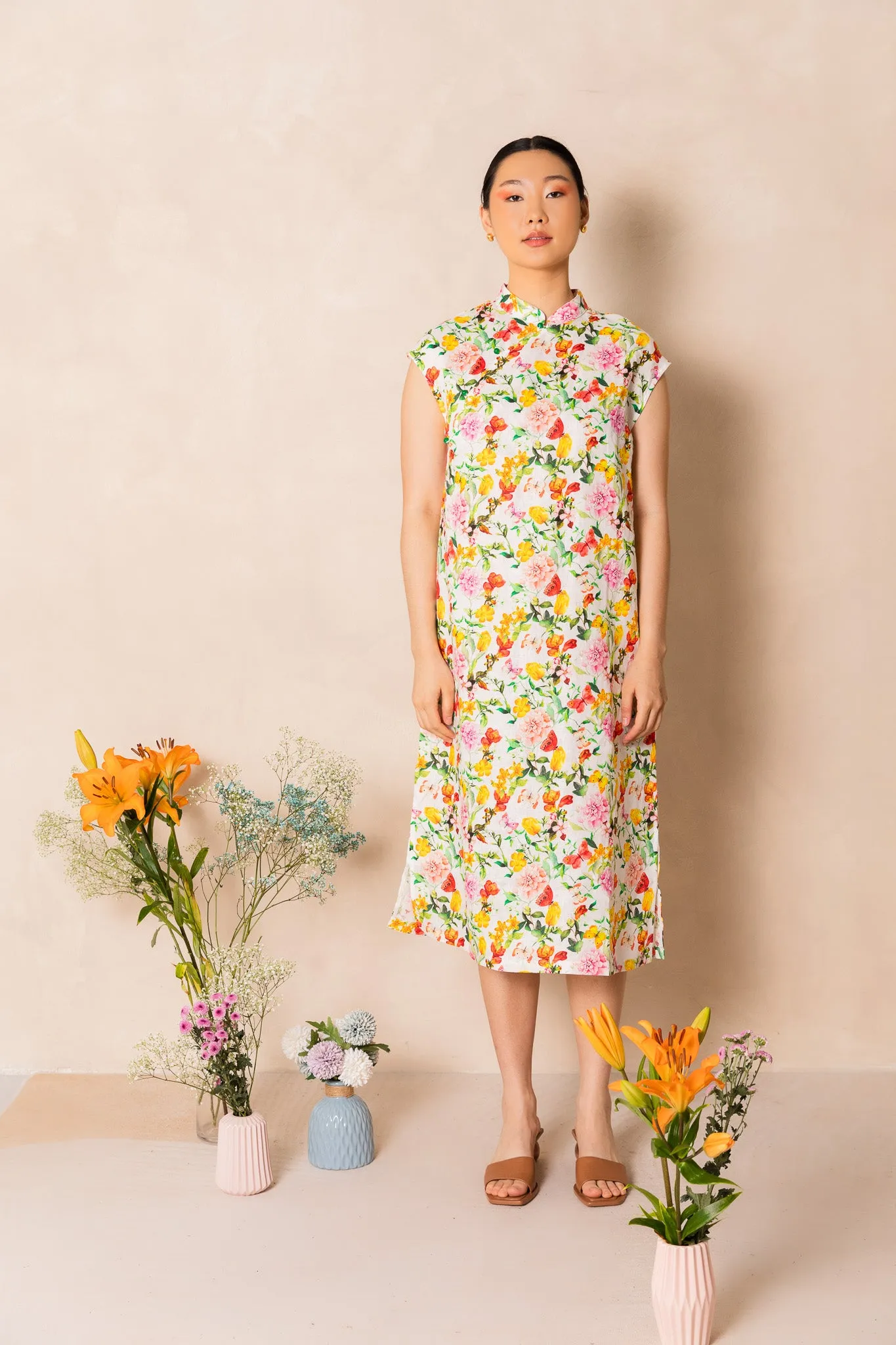 Retro Pink Peony Print Cap Sleeve Cheongsam Dress