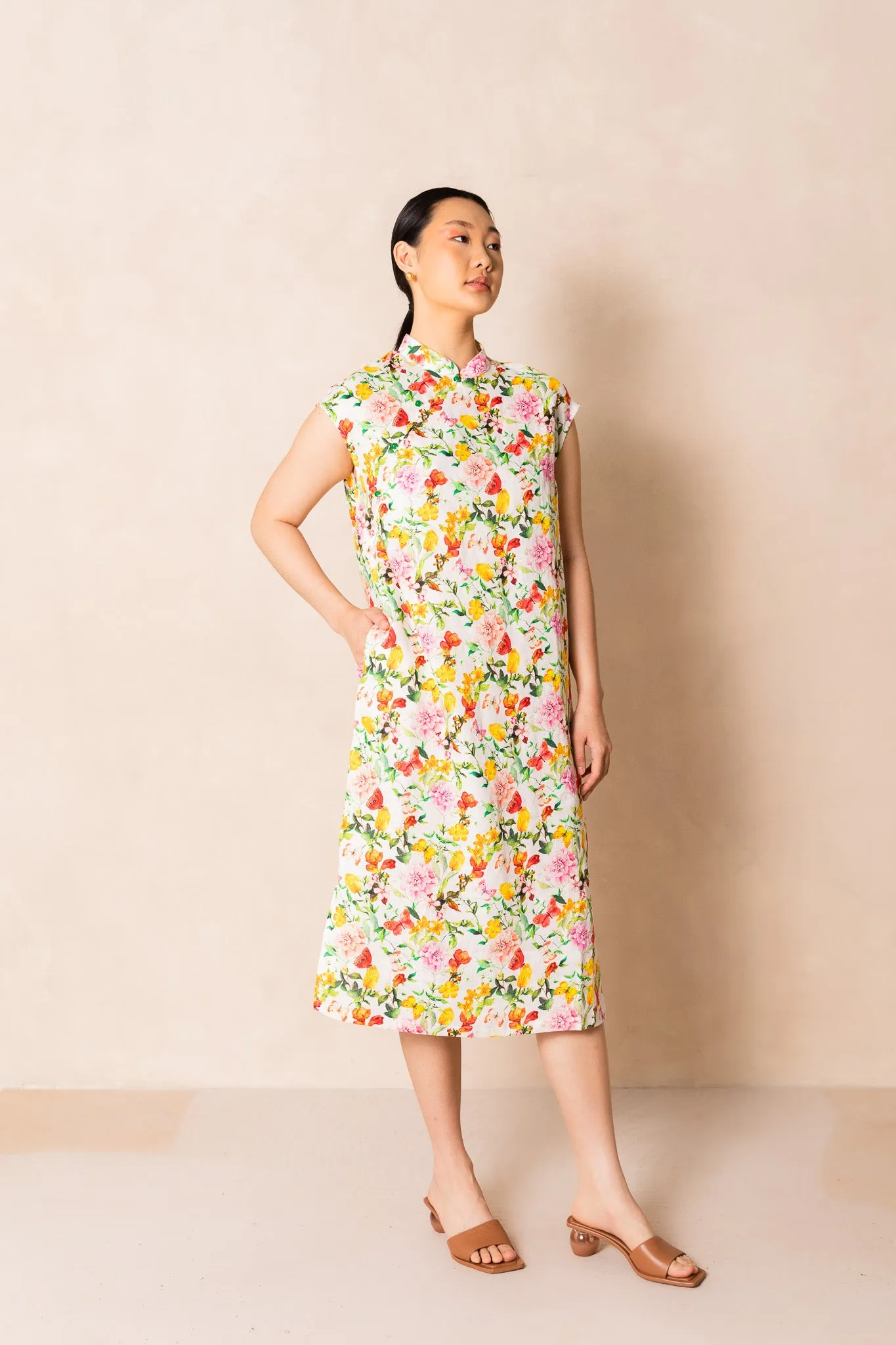 Retro Pink Peony Print Cap Sleeve Cheongsam Dress