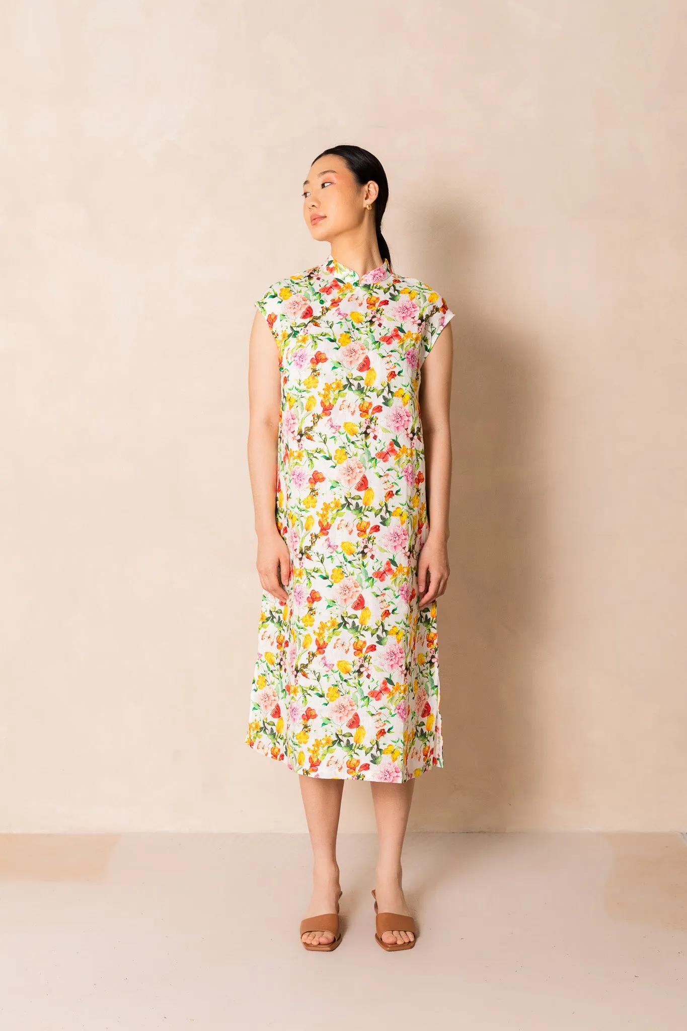 Retro Pink Peony Print Cap Sleeve Cheongsam Dress