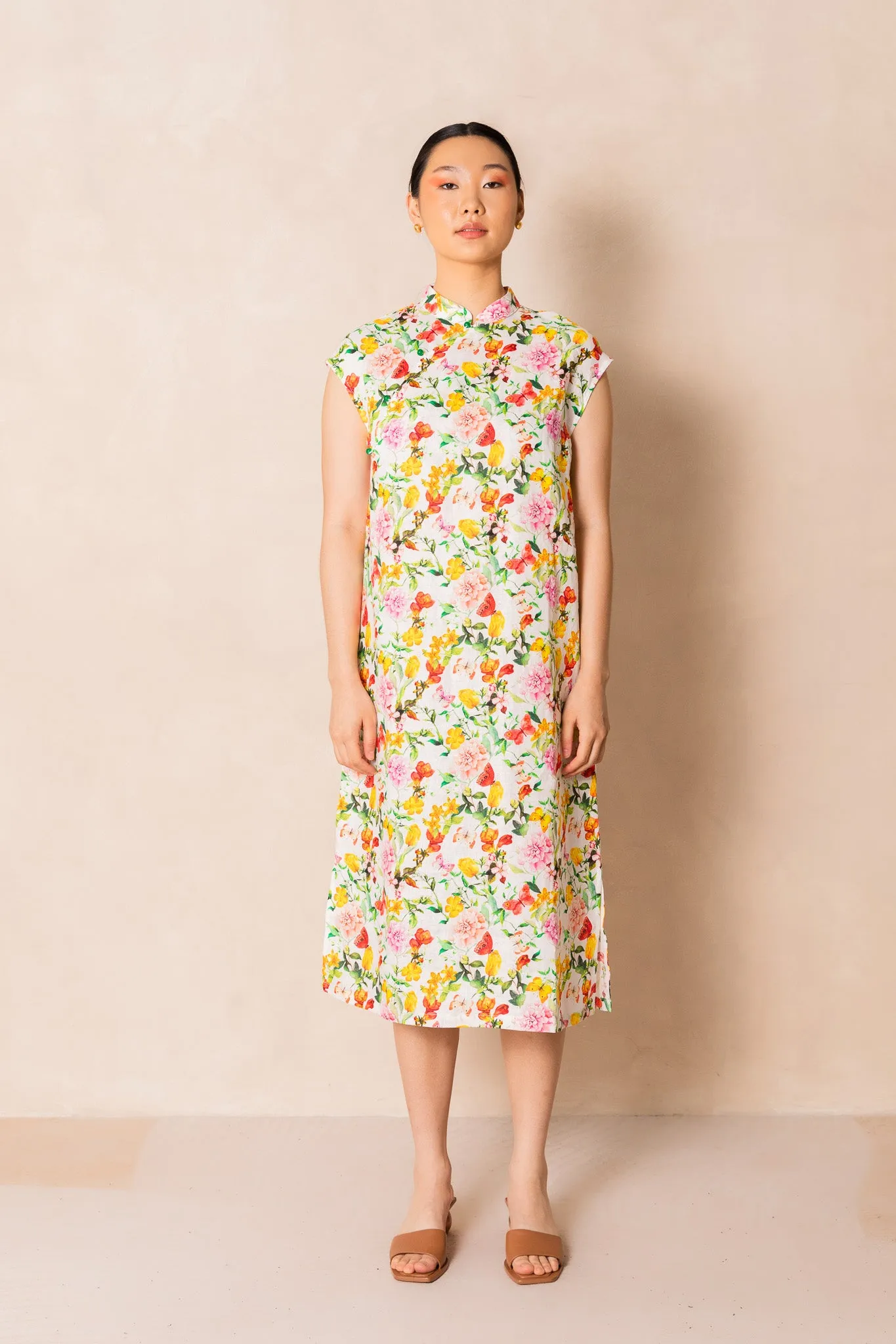 Retro Pink Peony Print Cap Sleeve Cheongsam Dress