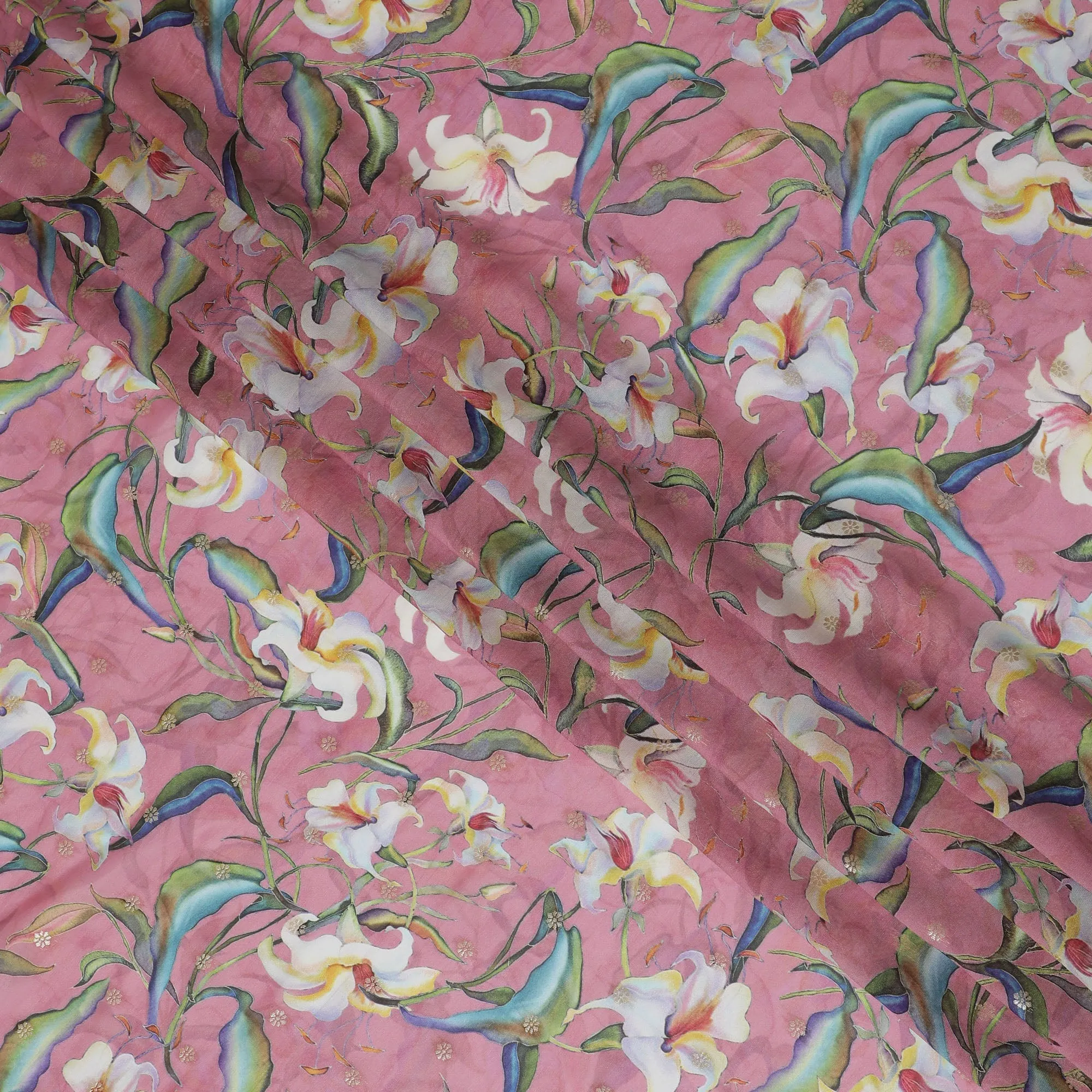 Rose Pink Synthetic Organza Fabric with Multicolor Floral Design, 110 cm Width-D19705