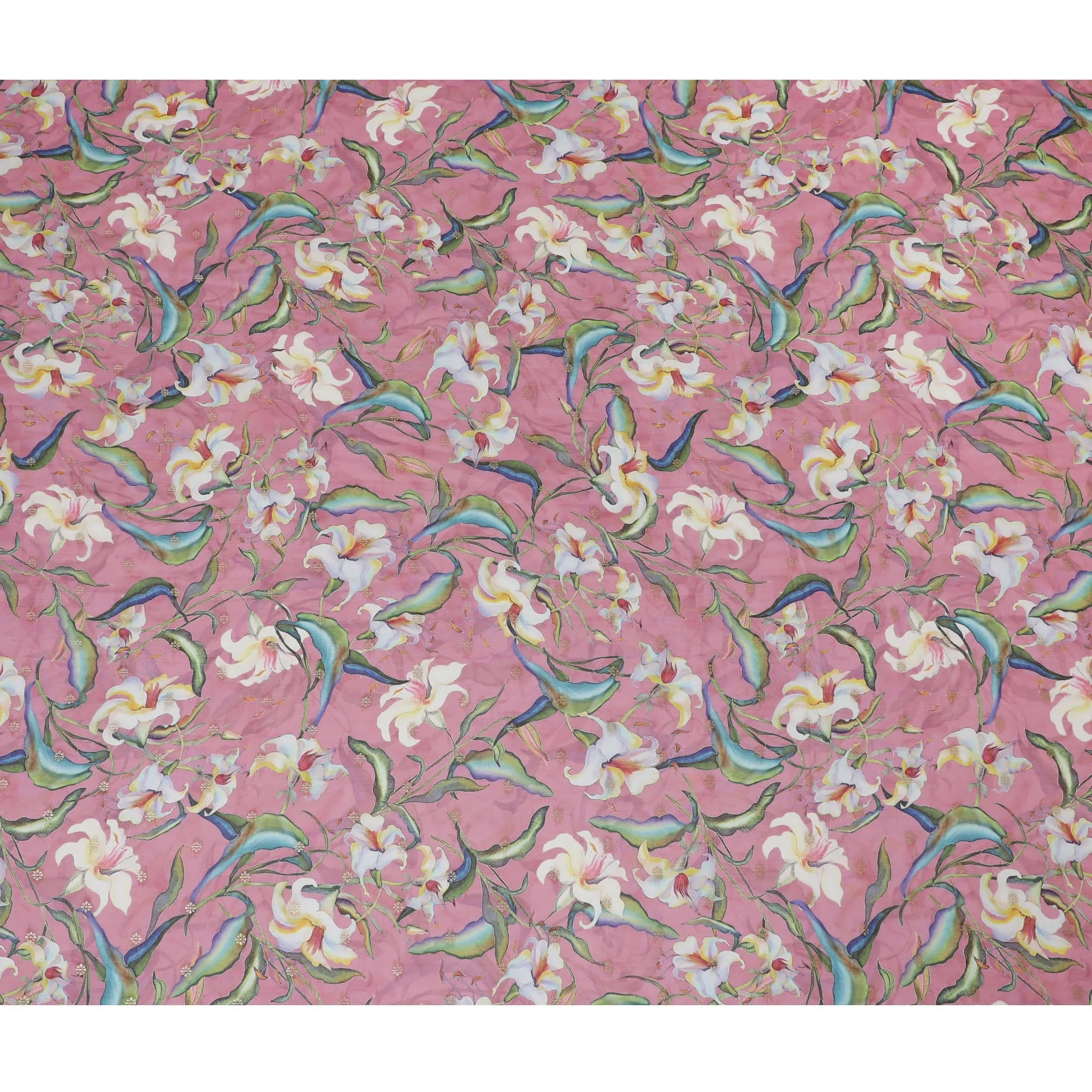 Rose Pink Synthetic Organza Fabric with Multicolor Floral Design, 110 cm Width-D19705