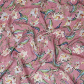 Rose Pink Synthetic Organza Fabric with Multicolor Floral Design, 110 cm Width-D19705