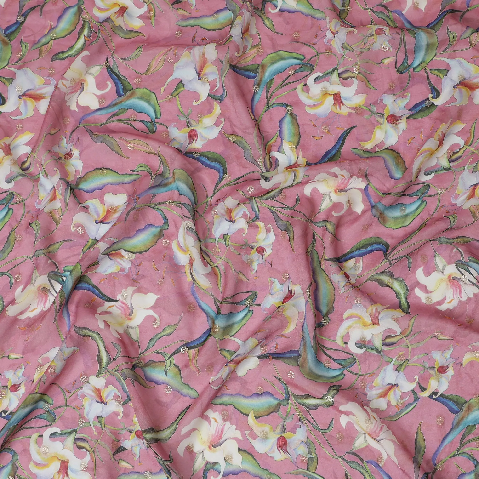 Rose Pink Synthetic Organza Fabric with Multicolor Floral Design, 110 cm Width-D19705