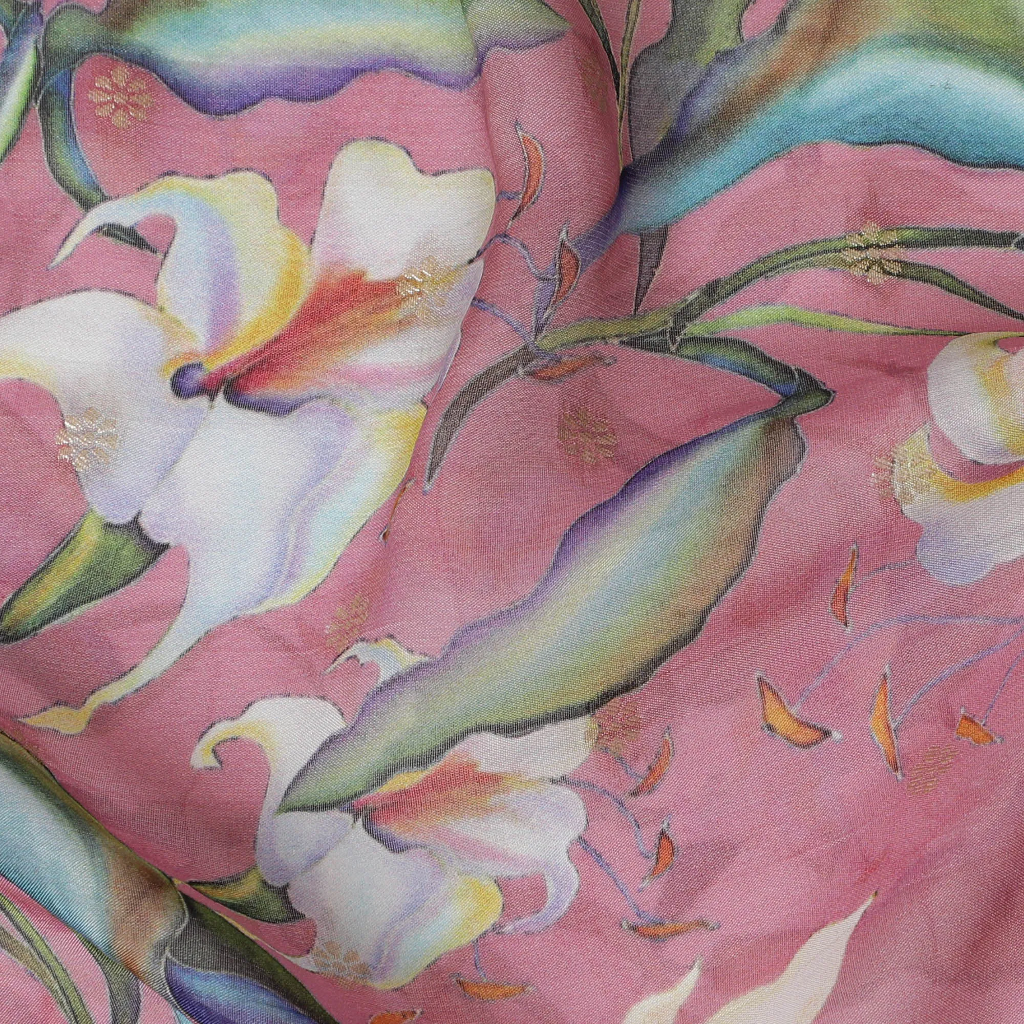 Rose Pink Synthetic Organza Fabric with Multicolor Floral Design, 110 cm Width-D19705