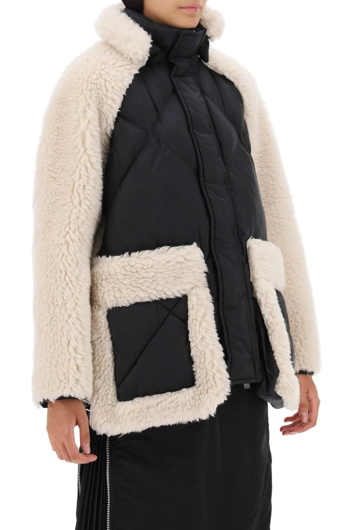 Sacai Convertible Jacket In Ripstop And Faux Shearling