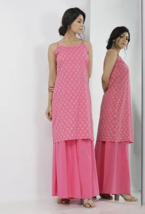 Set of 2: Gul Pink Buti Hand-Block Printed Cotton Slip with Plain Flared Palazzo