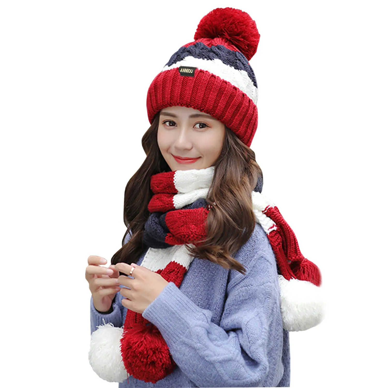 Sidiou Group Outdoor Ski Cycling Windproof Knit Earmuff Cap Scarves Women Knitted Hat Scarf Set Winter Warm Pom Pom Knitted Beanie Hat