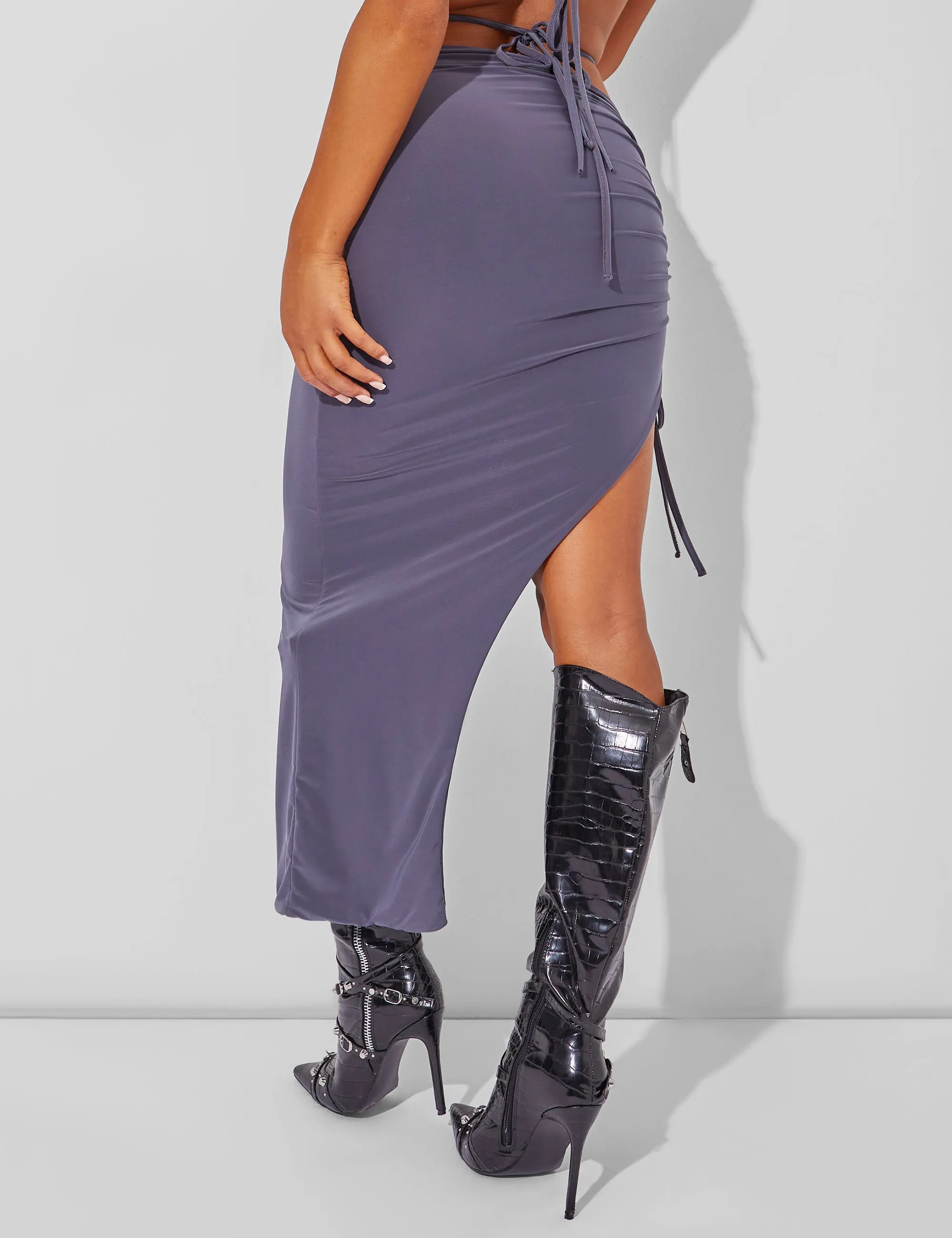 Slinky Ruched Side Maxi Skirt Charcoal Grey