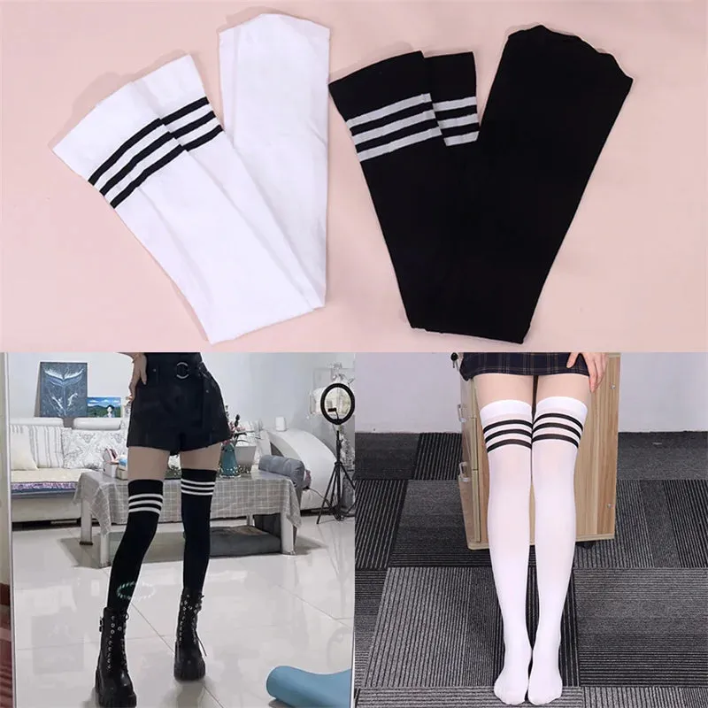 Sohiwoo Women Over Knee Thigh High Socks Japanese Academic Style Striped Sexy Long Socks Leg Warmers Over The Knee Stockings For Girls