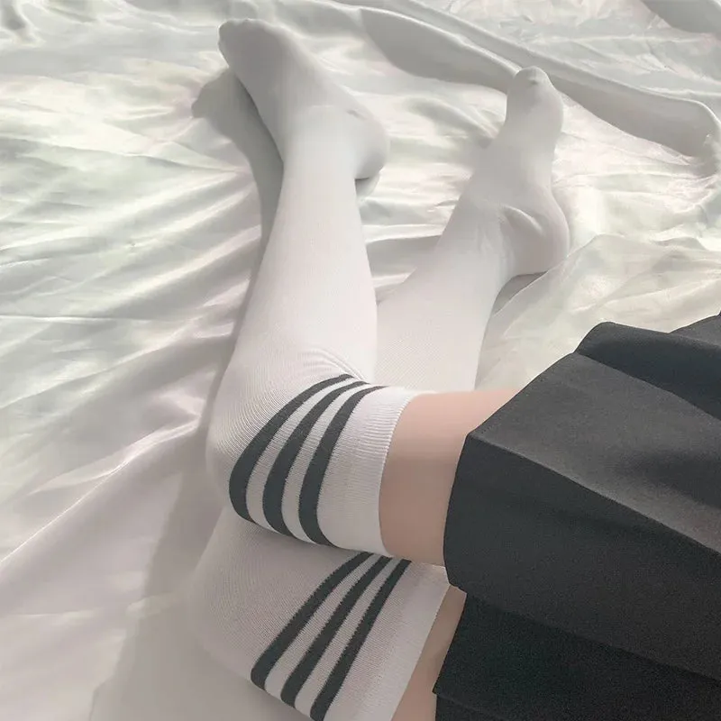 Sohiwoo Women Over Knee Thigh High Socks Japanese Academic Style Striped Sexy Long Socks Leg Warmers Over The Knee Stockings For Girls