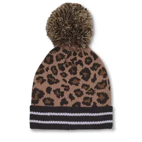 Steve Madden Women's Leopard Print Cuffed Pompom Beanie Knit Winter Hat