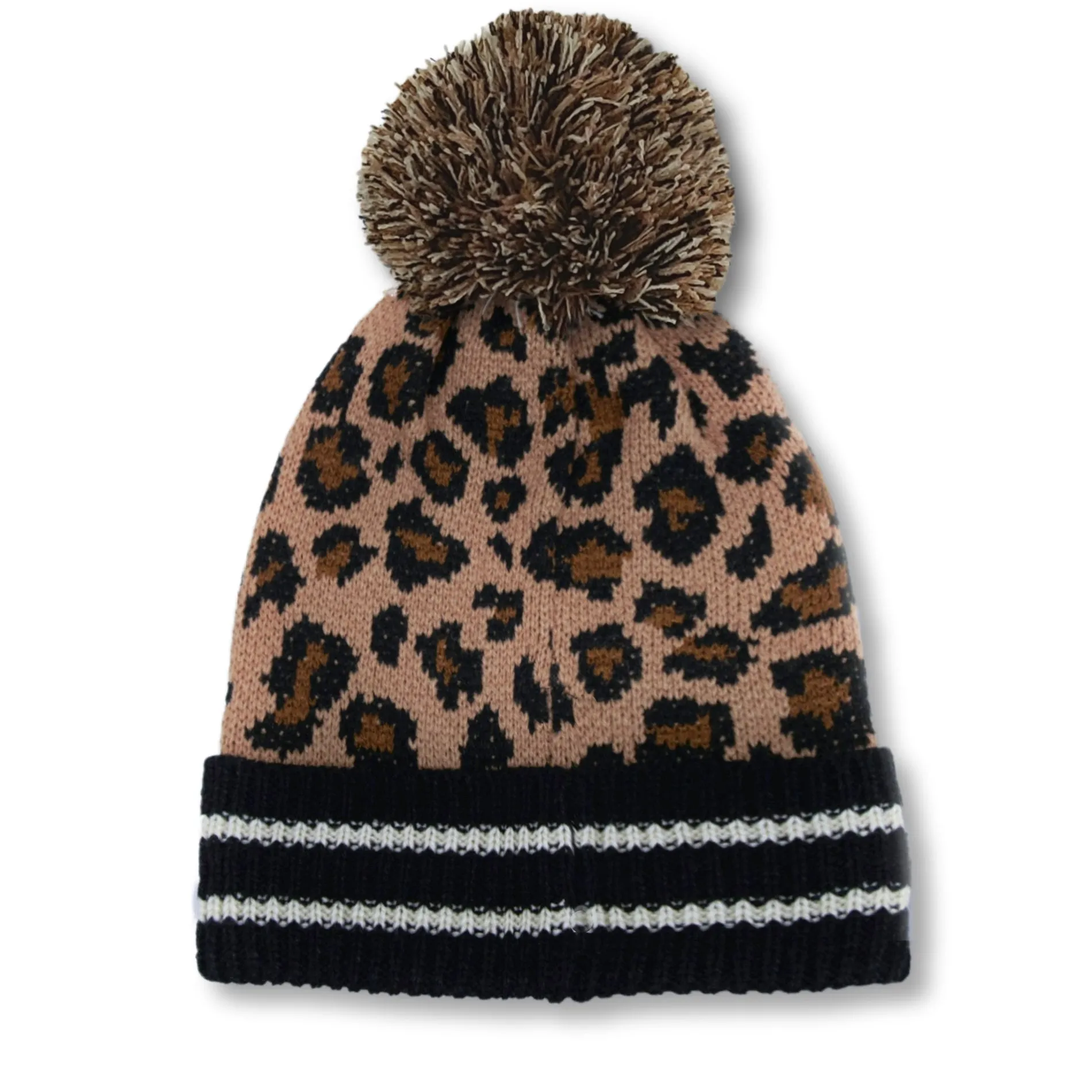 Steve Madden Women's Leopard Print Cuffed Pompom Beanie Knit Winter Hat