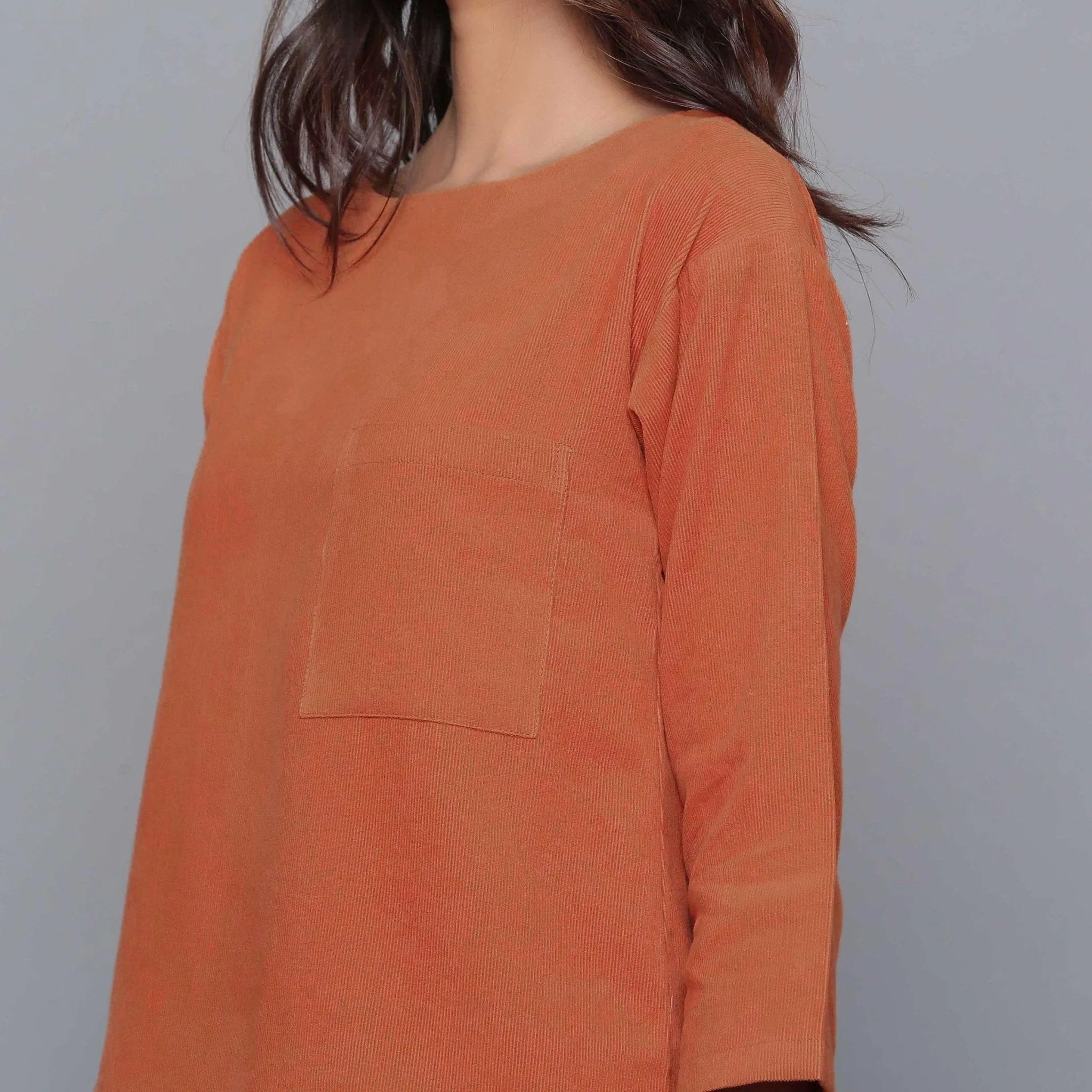 Sunset Rust Warm Cotton Corduroy Drop Shoulder Top