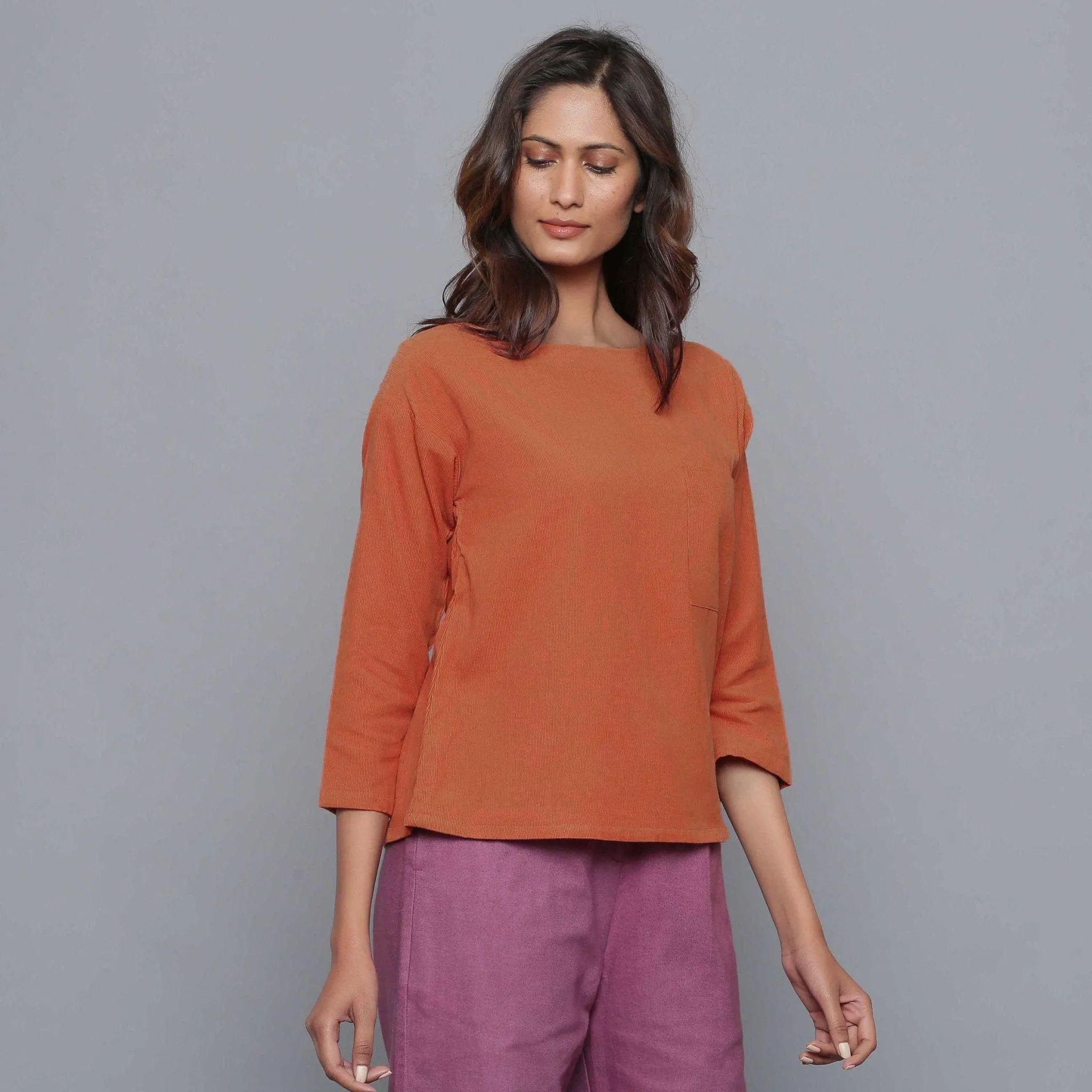 Sunset Rust Warm Cotton Corduroy Drop Shoulder Top