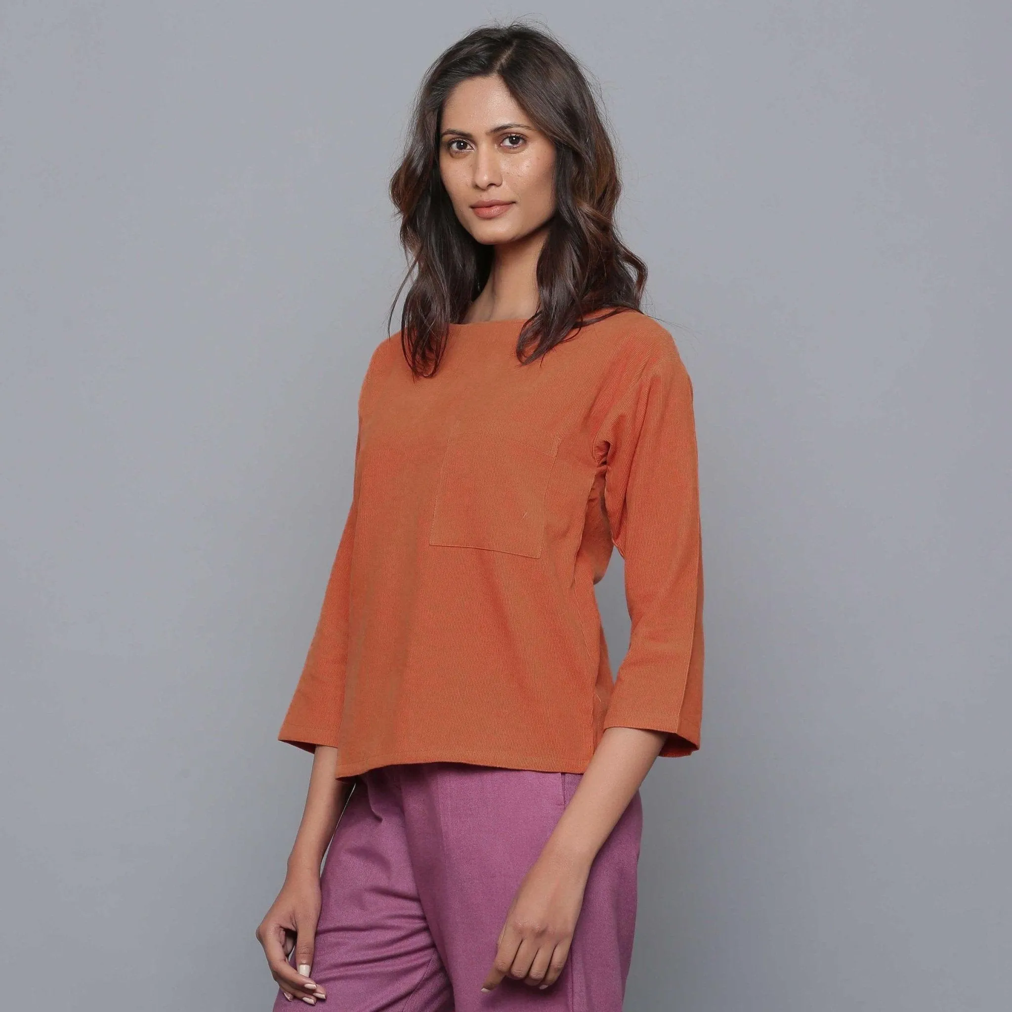 Sunset Rust Warm Cotton Corduroy Drop Shoulder Top