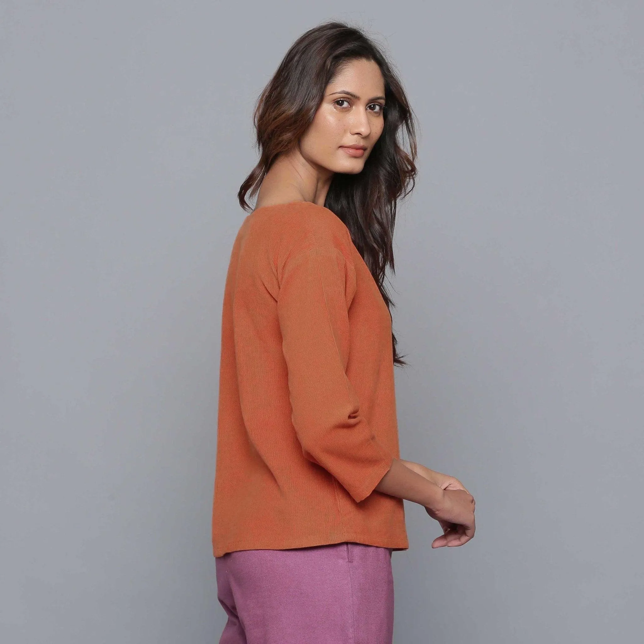 Sunset Rust Warm Cotton Corduroy Drop Shoulder Top