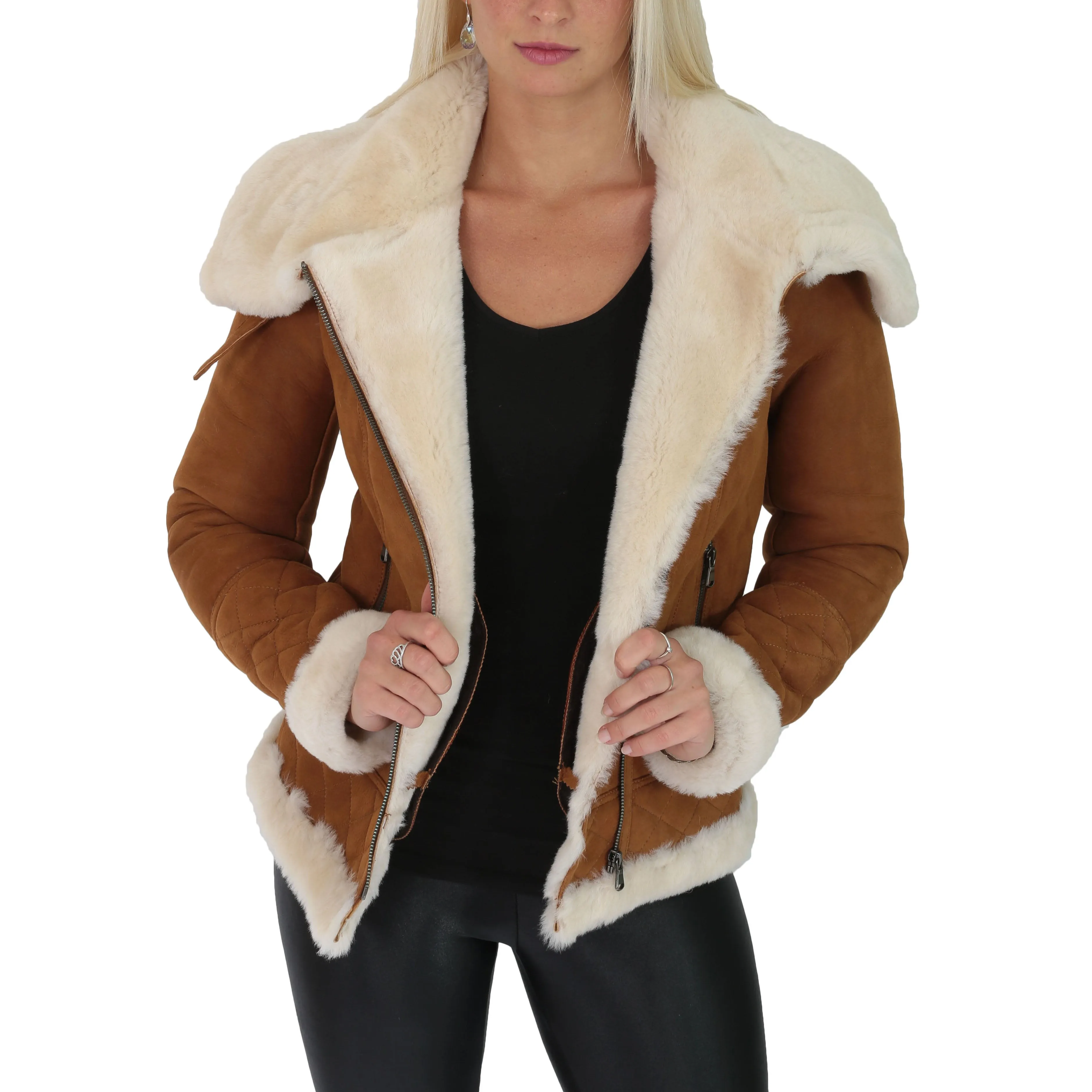 Super Luxurious Womens Real Sheepskin Jacket Aviator Coat Alexa Tan