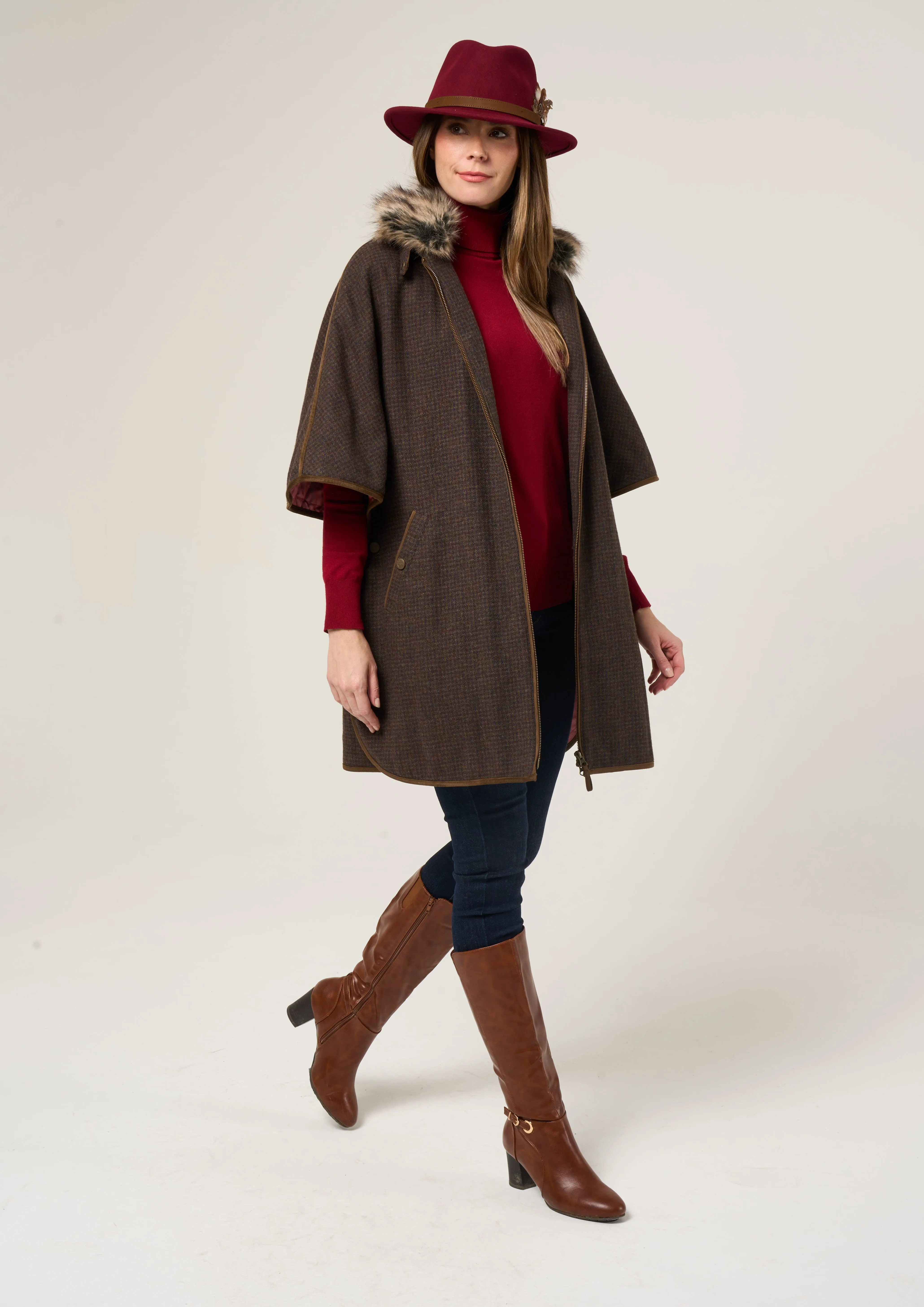 Surrey Ladies Tweed Cape In Bramble