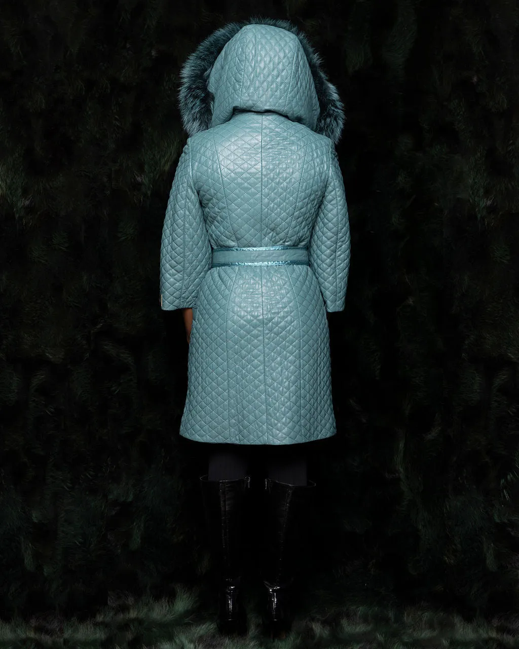 Teal Quilted Leather Coat w. Fox Hood