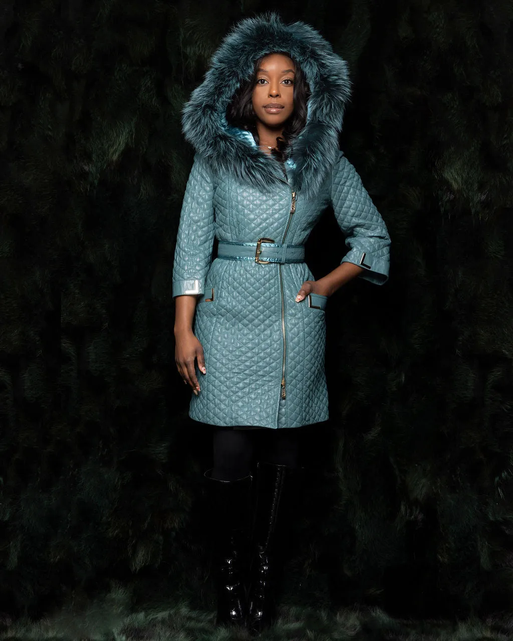 Teal Quilted Leather Coat w. Fox Hood