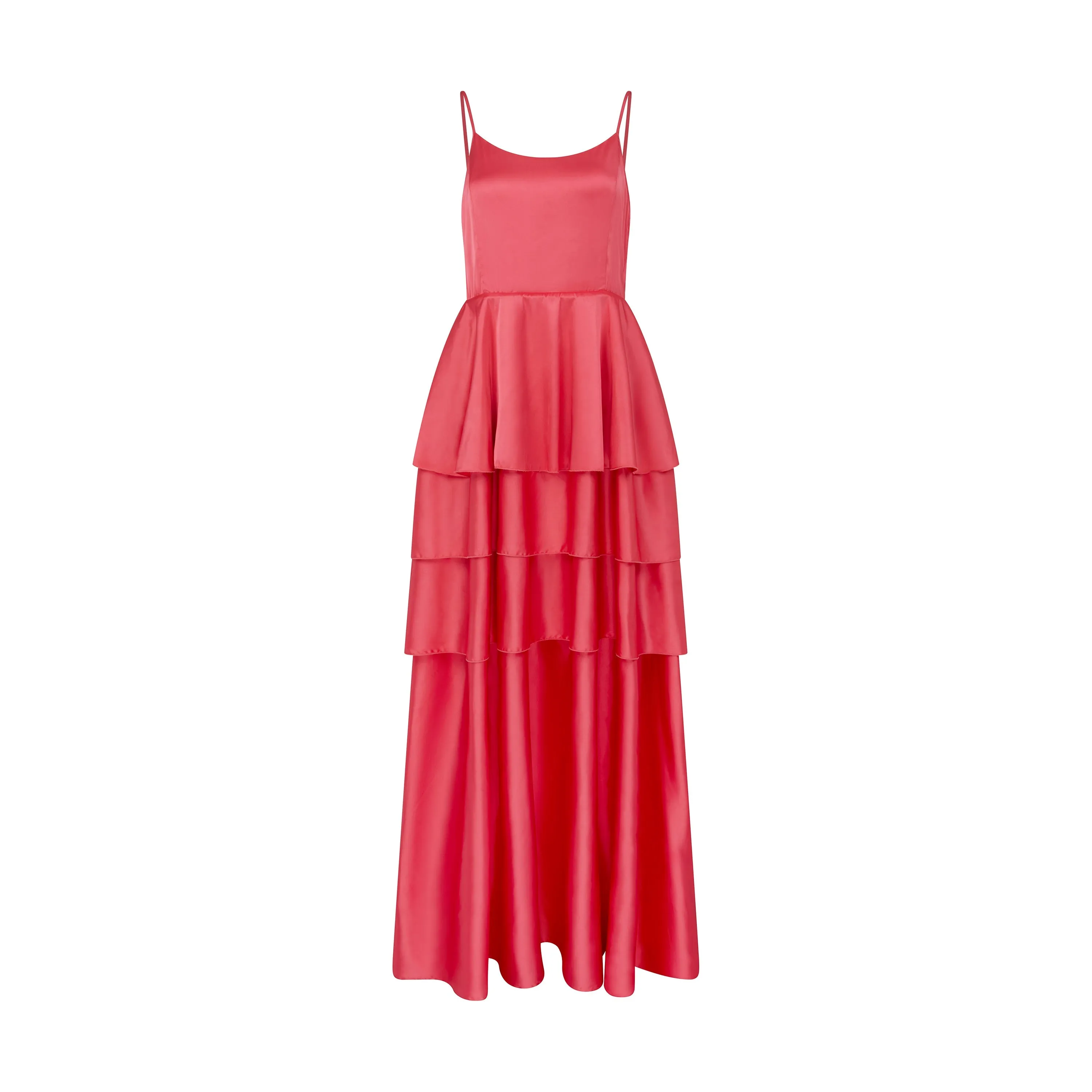 Tiered Ruffled Satin Maxi Dress in Coral Pink