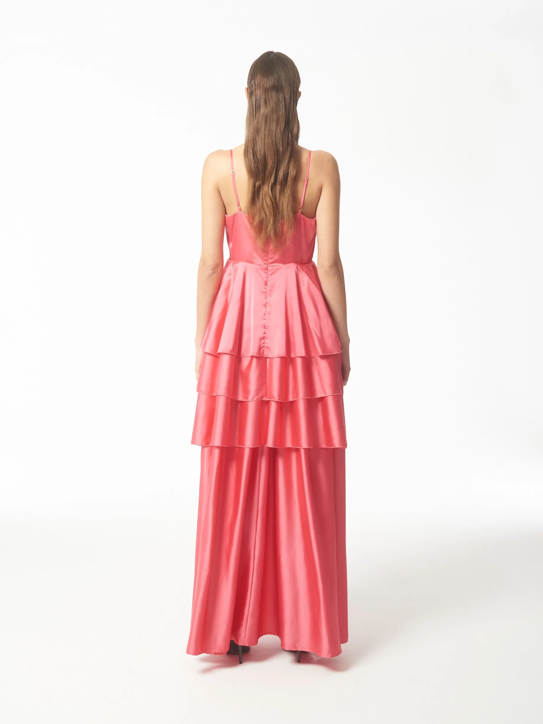 Tiered Ruffled Satin Maxi Dress in Coral Pink