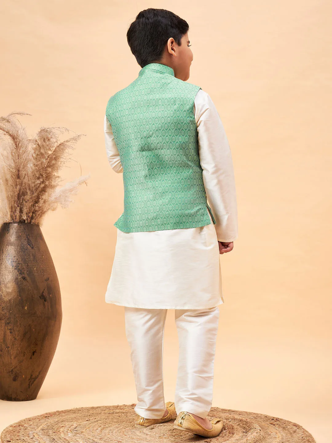 VASTRAMAY Boy's Green Woven Jacket With Cream Kurta and Pyjama Set