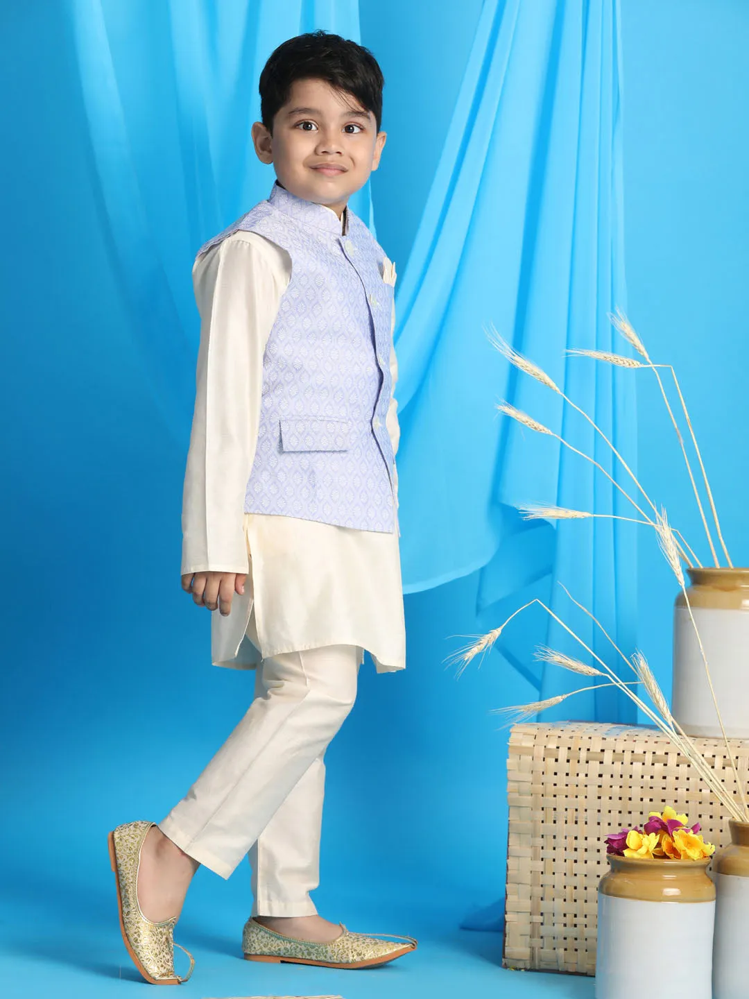 VASTRAMAY Boy's Lavender Woven Jacket With Cream Kurta and Pyjama Set