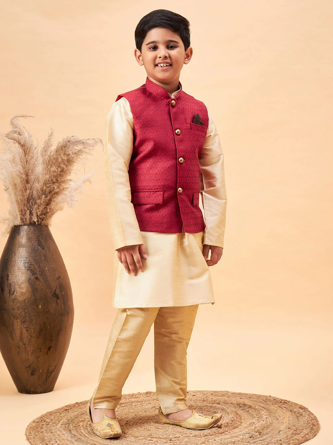 VASTRAMAY Boy's Maroon Woven Jacket With Gold Kurta and Pyjama Set