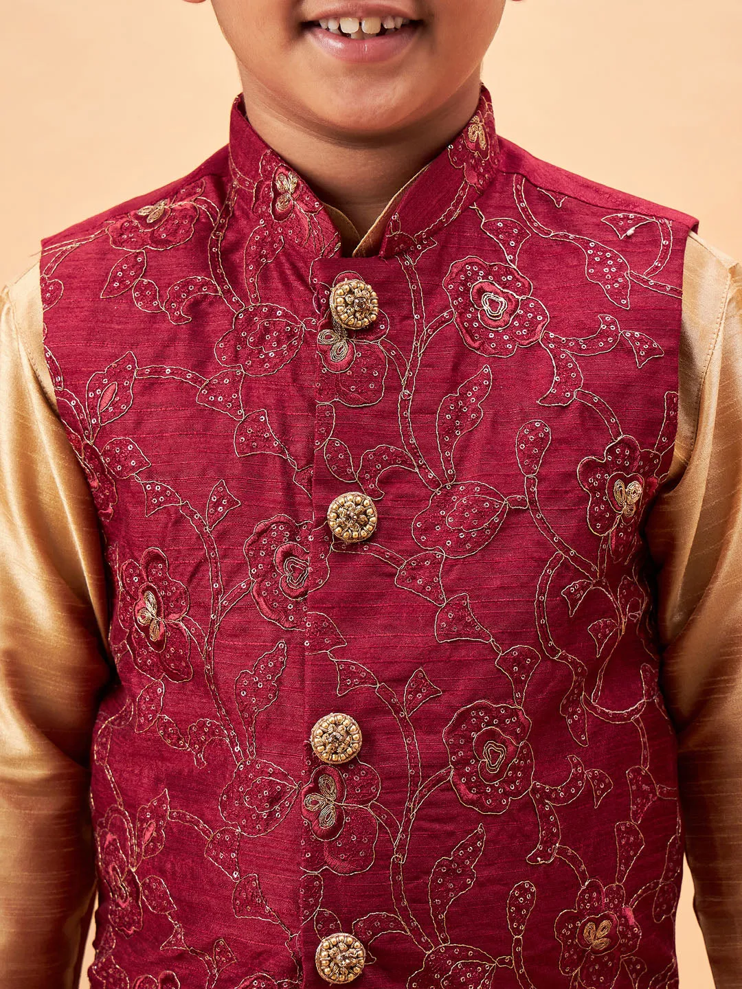 VASTRAMAY Boy's Maroon Woven Jacket With Rose Gold Kurta and Pyjama Set