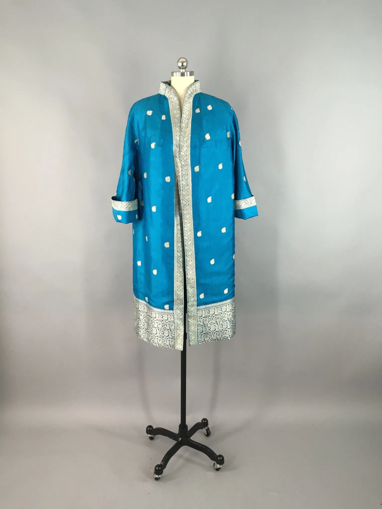 Vintage 1960s Opera Coat / Aqua Blue Thai Silk