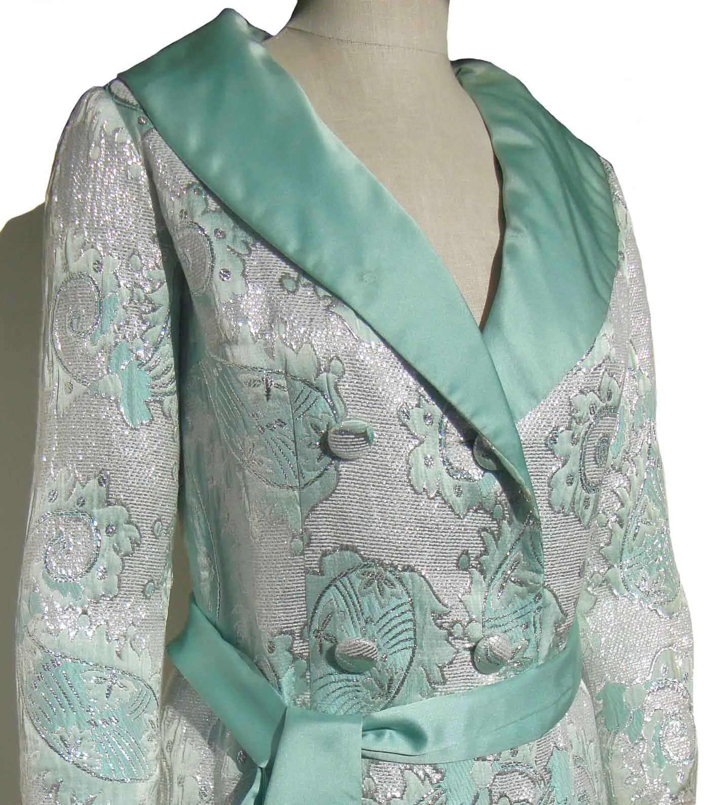 Vintage 60s Saks Turquoise & Silver Brocade Spring Coat M – Deadstock w/ Tag