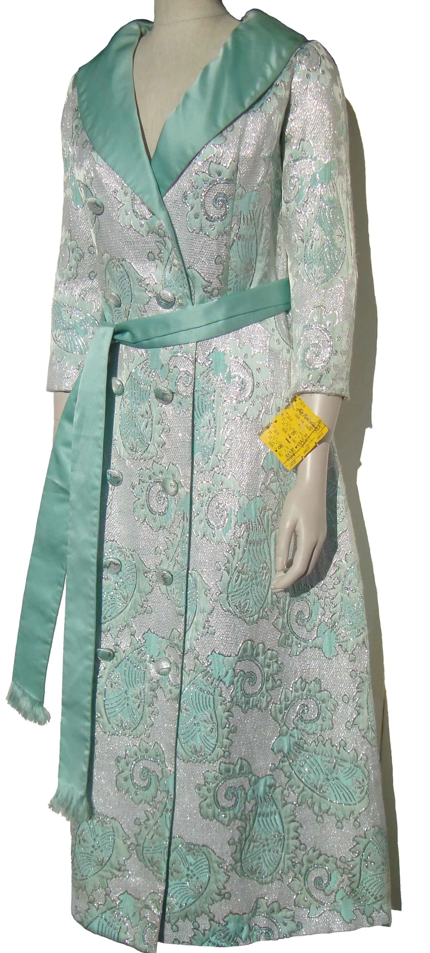 Vintage 60s Saks Turquoise & Silver Brocade Spring Coat M – Deadstock w/ Tag