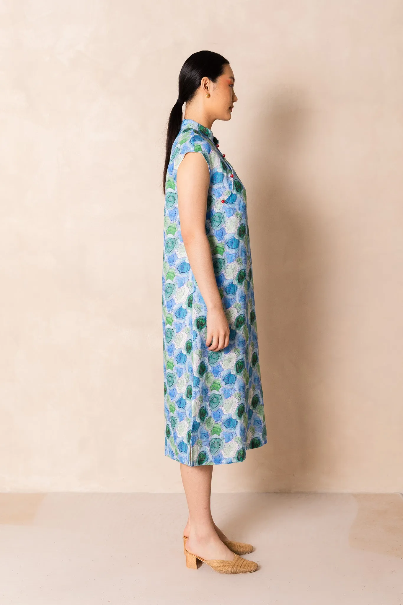 Water Colour Blue Rose Print Cap Sleeve Cheongsam Dress