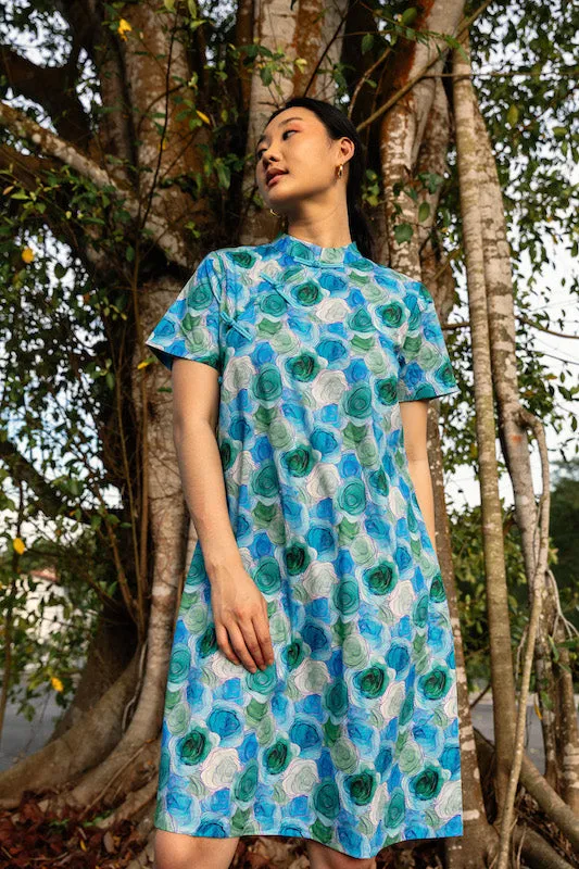 Water Colour Blue Rose Short Sleeve Cheongsam Midi Dress