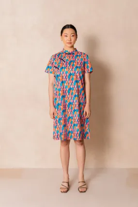 Water Colour Geometric Print Short Sleeve Cheongsam Midi Dress