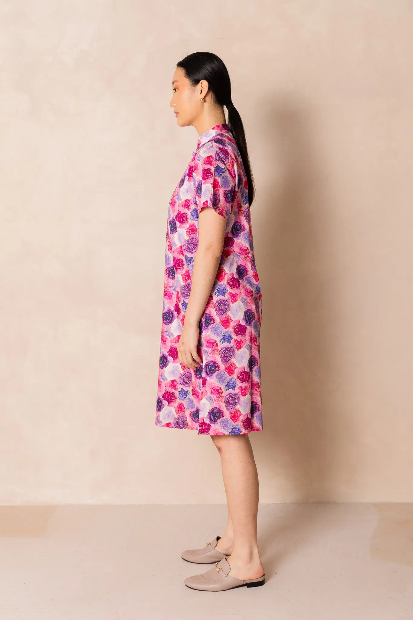 Water Colour Pink Rose Print Short Sleeve Cheongsam Midi Dress