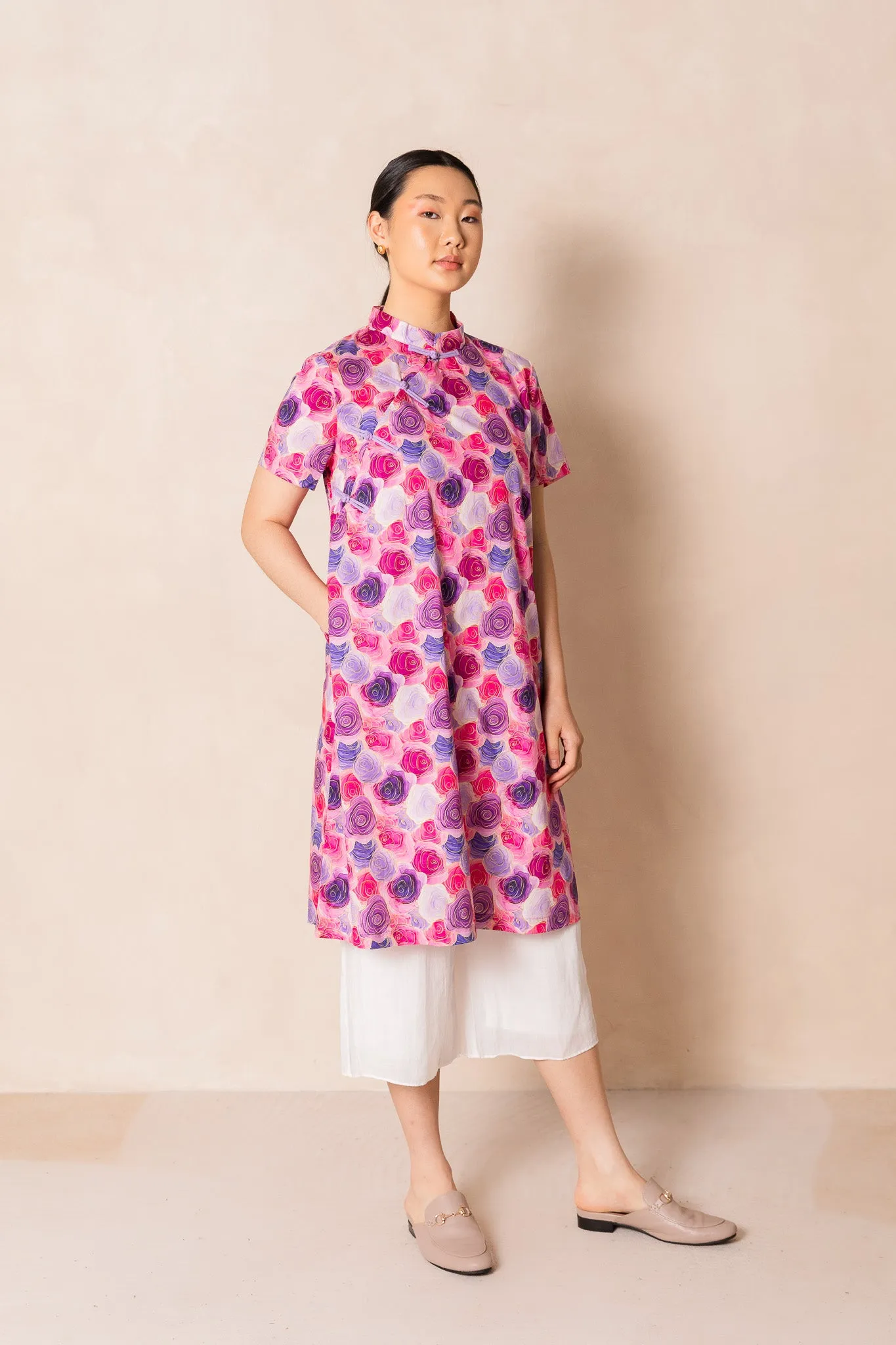 Water Colour Pink Rose Print Short Sleeve Cheongsam Midi Dress