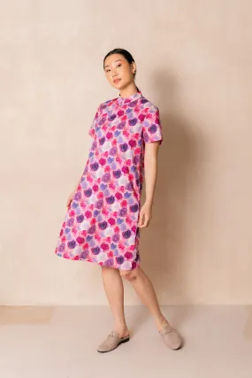 Water Colour Pink Rose Print Short Sleeve Cheongsam Midi Dress