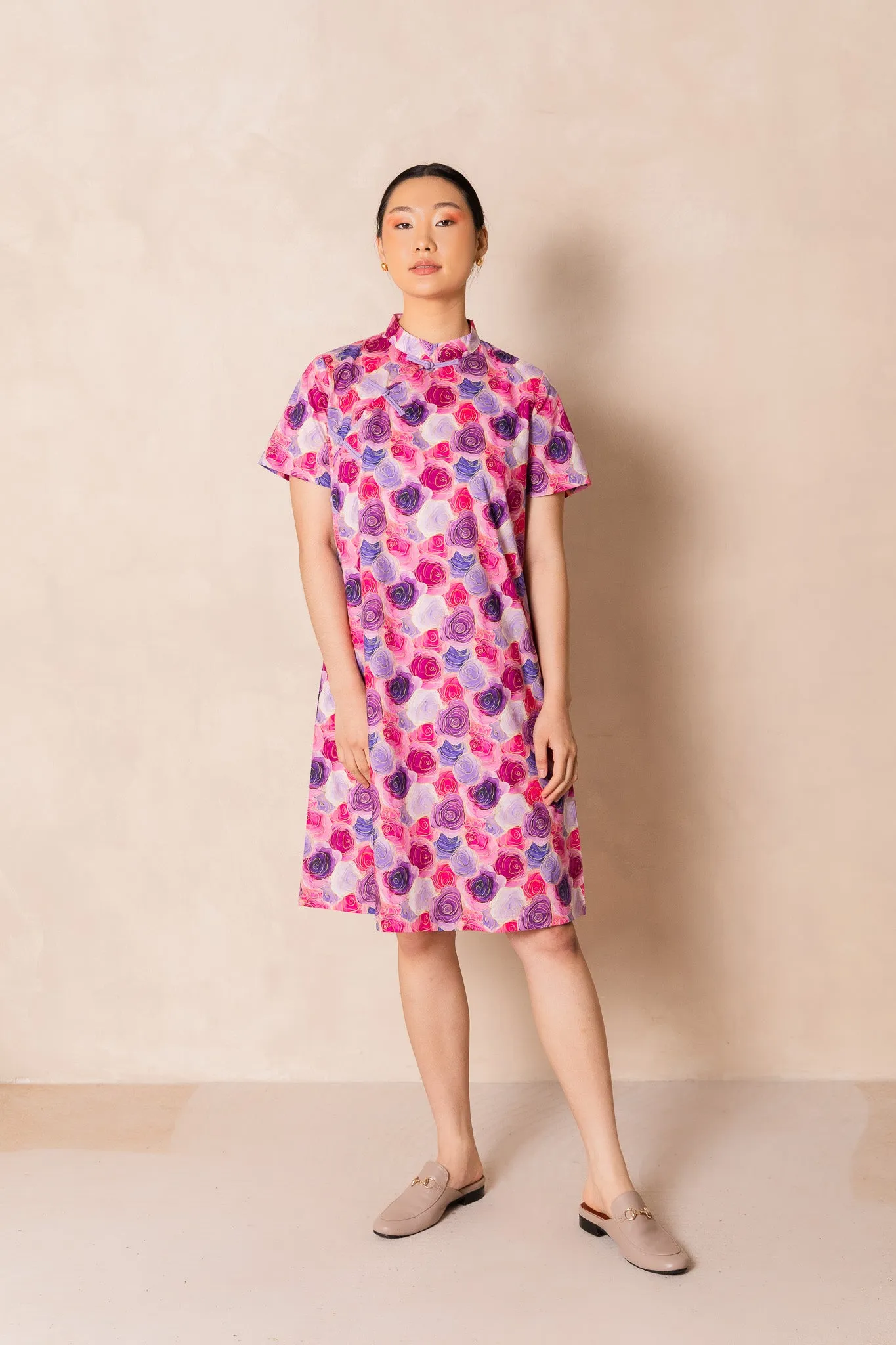 Water Colour Pink Rose Print Short Sleeve Cheongsam Midi Dress