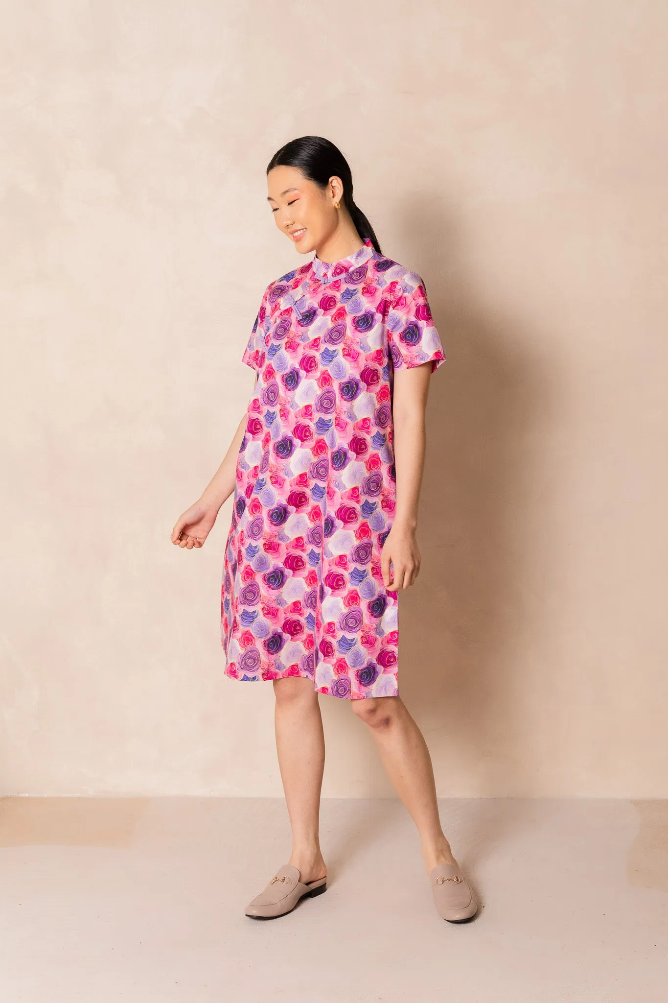 Water Colour Pink Rose Print Short Sleeve Cheongsam Midi Dress