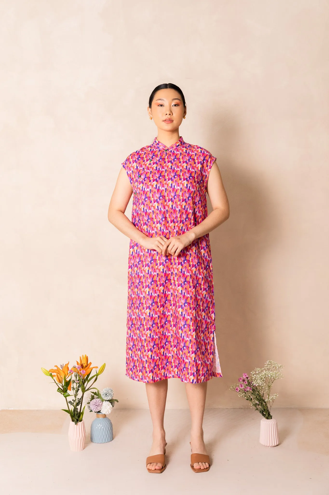 Water Colour Raindrop Print Cap Sleeve Cheongsam Dress