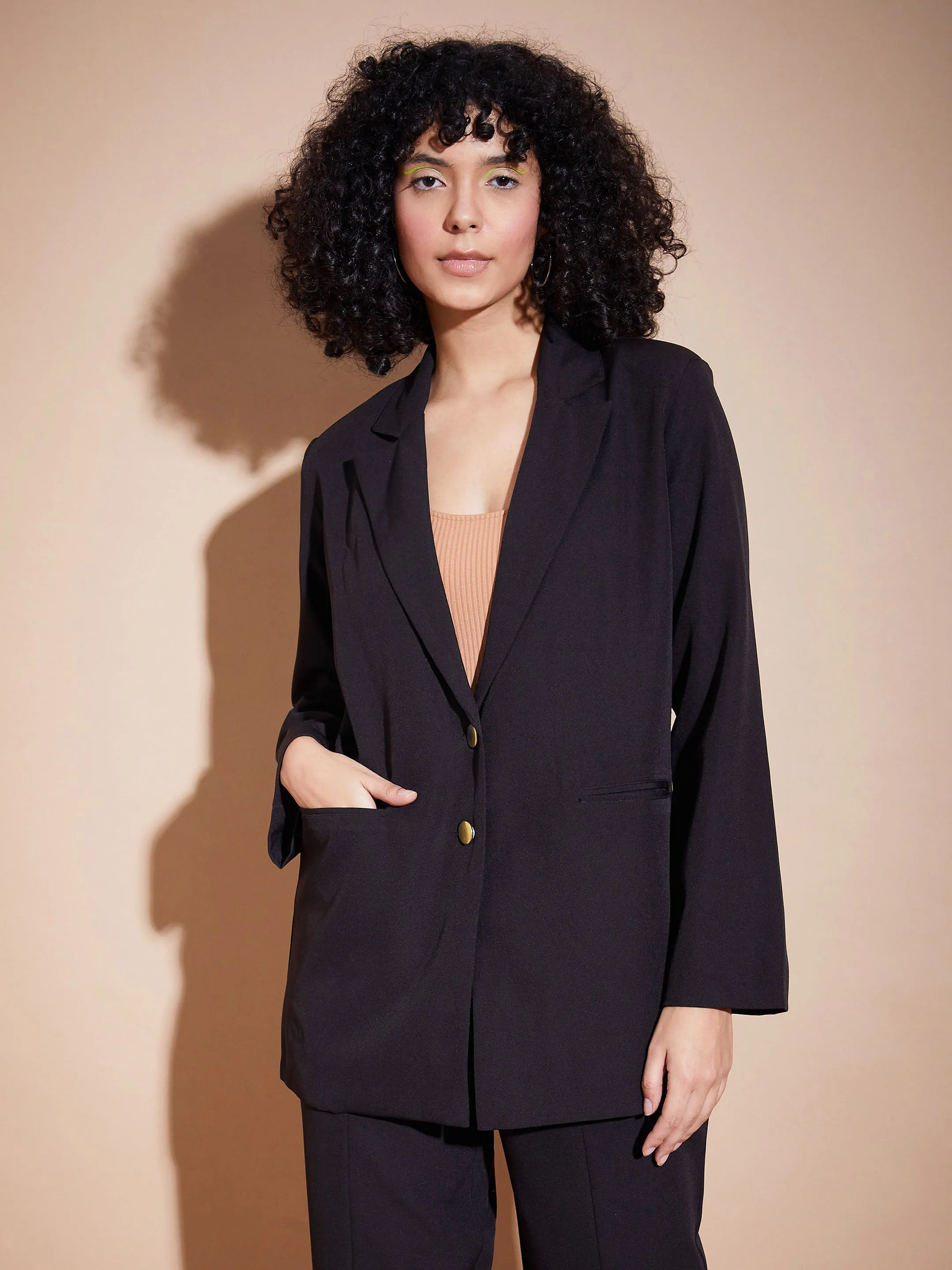 Women Black Notch Collar Front Open Blazer