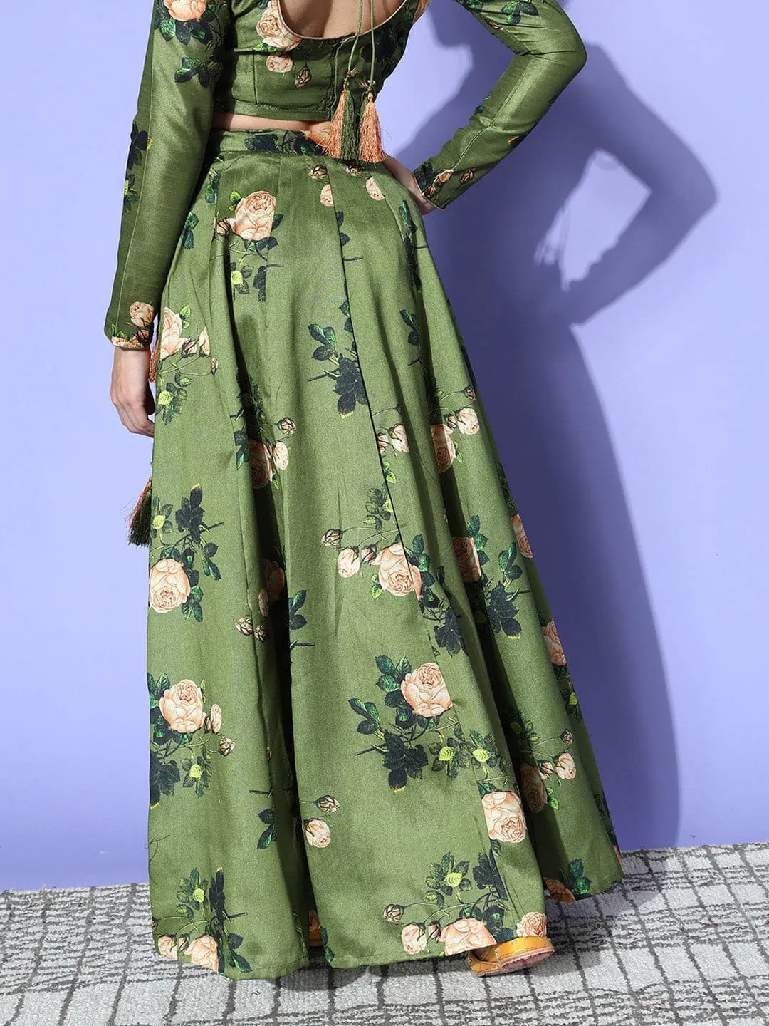 Women Green Floral Chanderi Anarkali Skirt