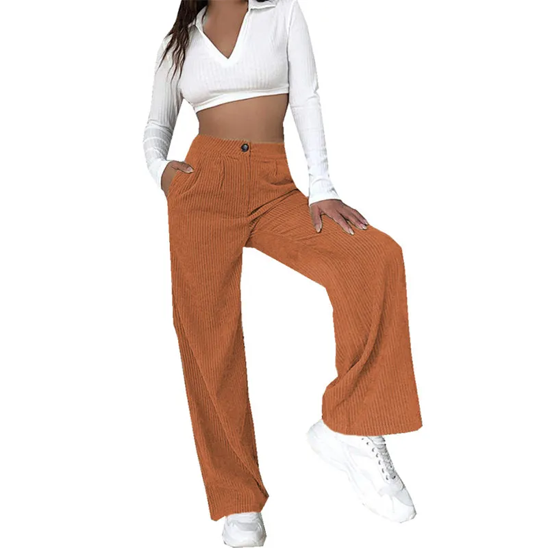 Women High Waist Corduroy Pants Wide Leg Straight Loose Trousers