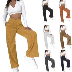 Women High Waist Corduroy Pants Wide Leg Straight Loose Trousers